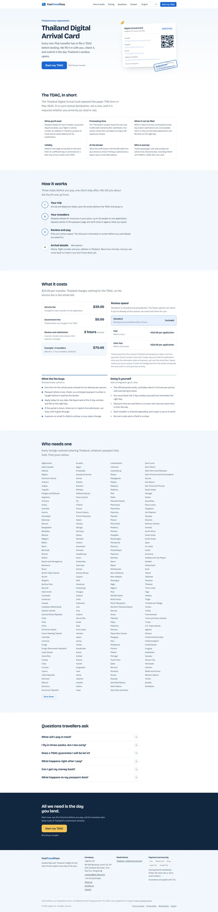 Komplette Startseite mit Ablauf, Preisen, Ländern und FAQ